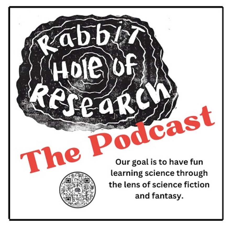 A swirling display with the words Rabbit Hole of Research centered on it. In big red letters are the words The Podcast